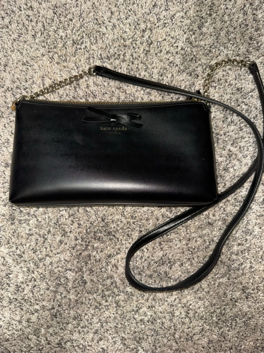 Kate Spade Black Leather Bow Shoulder Bag Crossbody Gold Chain Minimal Chic